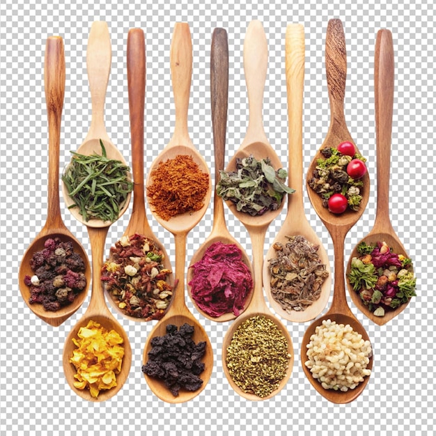 PSD spices in spoons and on wooden table