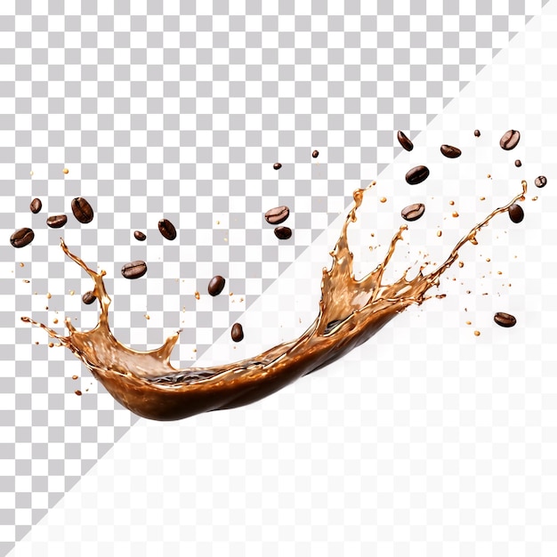 PSD a splash of coffee and coffee ceans floating in air on a transparent background