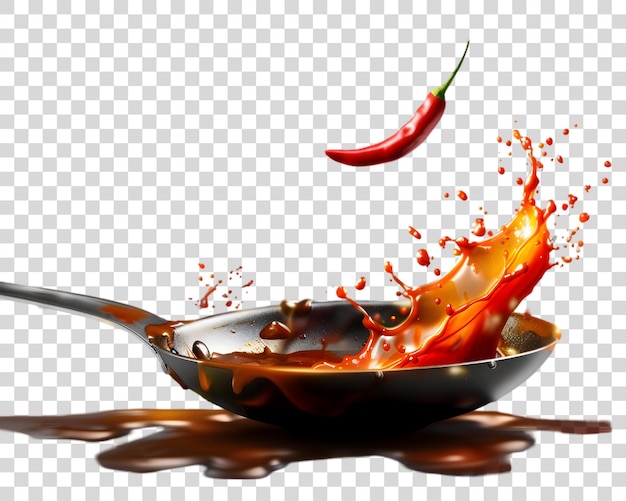 PSD splashing sauce fiery chili as it hits a hot pan releasing its spicy aroma on transparent backgr