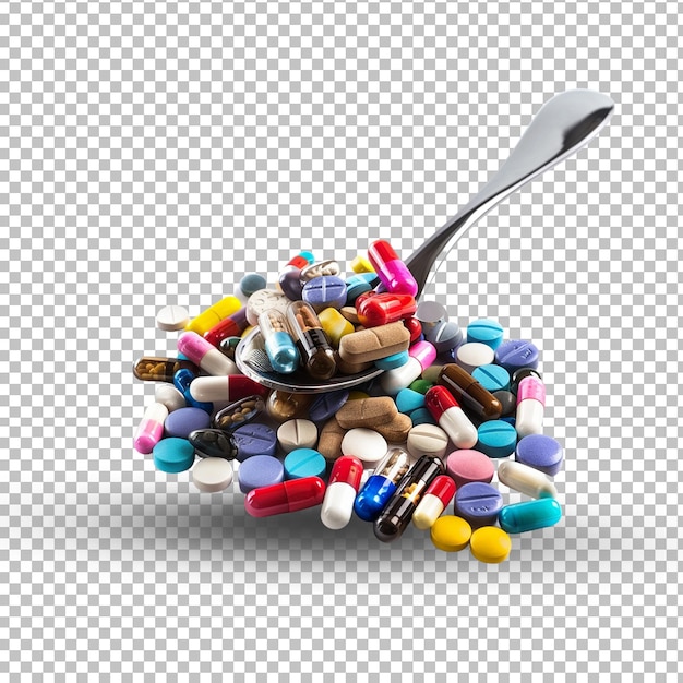 PSD a spoon with many different colored pills on white transparent background png