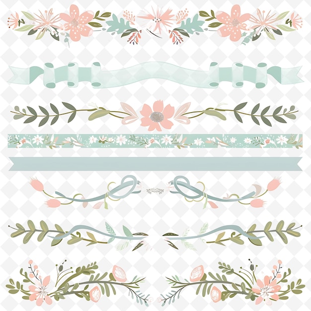 PSD springtime hose with blooming flowers and pastel ribbons on png natural inspired flat borderline