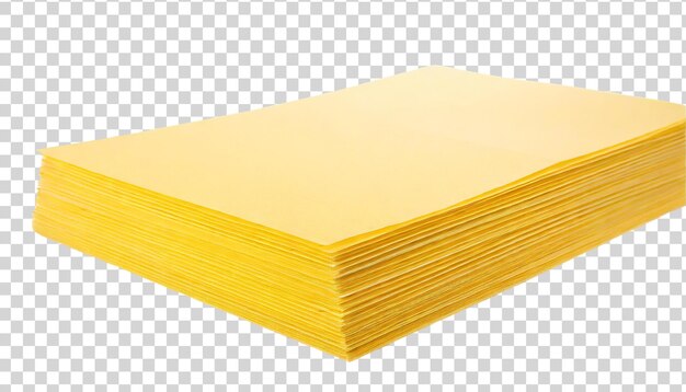 PSD stack of yellow paper sheets isolated on transparent background