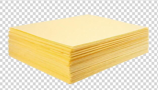 PSD stack of yellow paper sheets isolated on transparent background