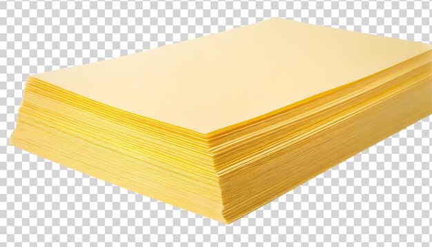 PSD stack of yellow paper sheets isolated on transparent background