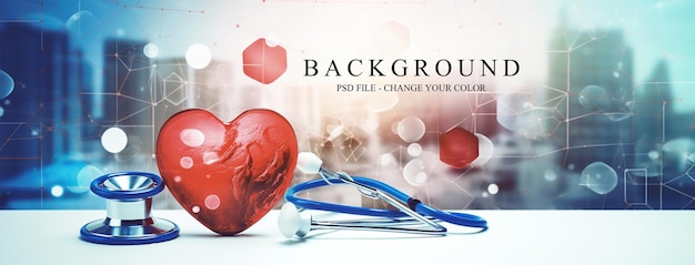 PSD stethoscope and red heart on medical background hospital life insurance concept world heart health