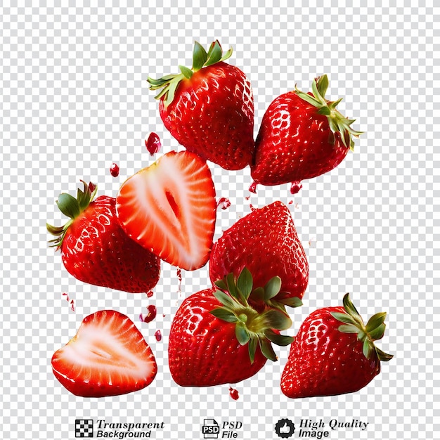 strawberries falling strawberry fruits whole and cut isolated on transparent background