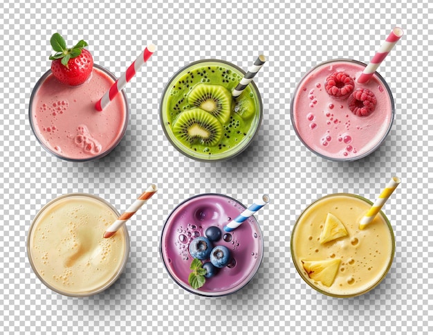 PSD strawberry kiwi raspberry apple blueberry and pineapple juice isolated in transparent background