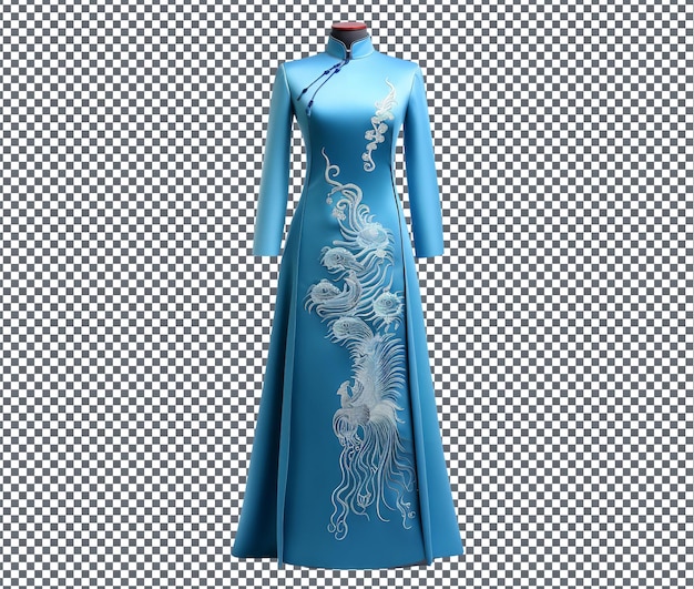 PSD stylish blue silk ao dai with peacock embroidery isolated on transparent background