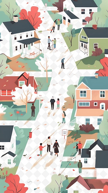 PSD suburban neighborhood with families casting their votes at a flat illustration poster design