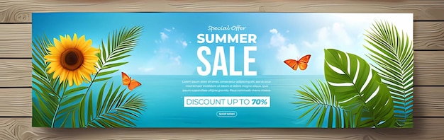 PSD summer sale banner with sky and palm tree