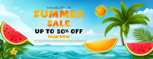 PSD summer time and super sales flat tropical banner