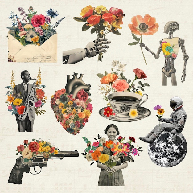 PSD surreal floral art collage set