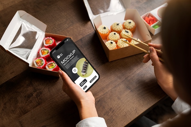 PSD sushi order and smartphone mockup