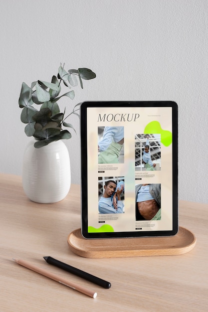 Tablet mock-up with wooden furniture scene