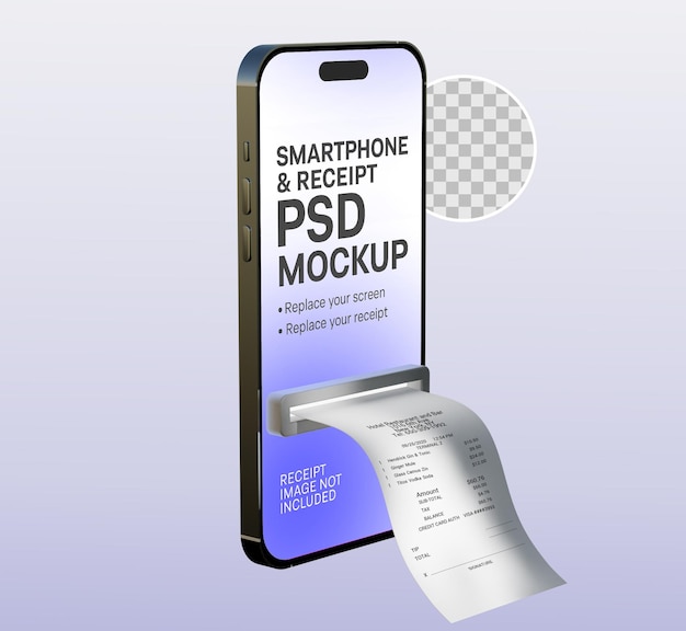 PSD telefon komórkowy z rachunkiem z sklepu przezroczysty psd makiety 3d render