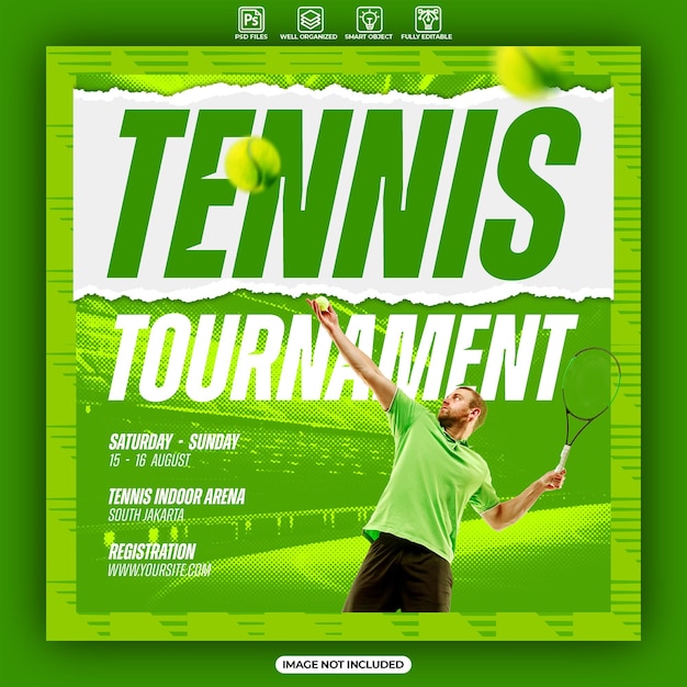 PSD tennis toernooi grafisch ontwerp sjabloon