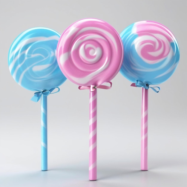 PSD three lollipops with one pink and blue one with a blue ribbon around the top