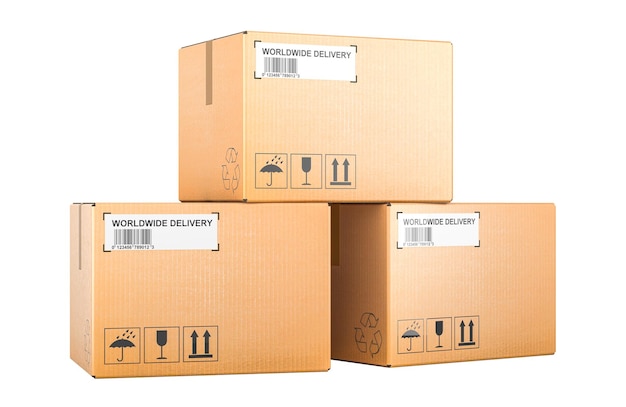 PSD three parcels cardboard boxes 3d rendering isolated on transparent background