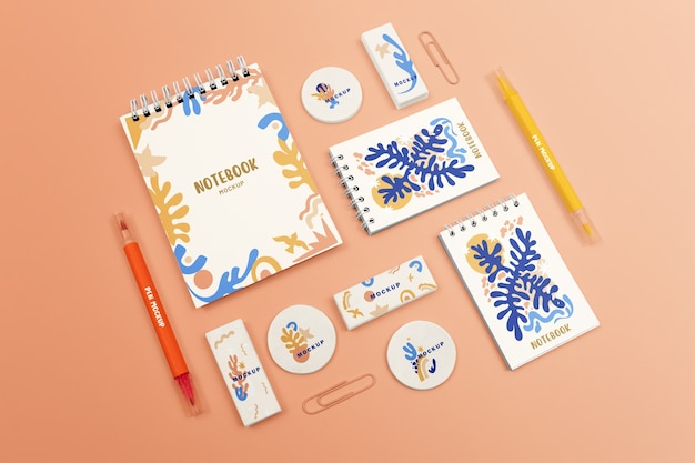 PSD top view on kid stationery set mockup