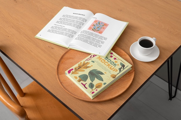 Top view on wooden furniture with book mockup
