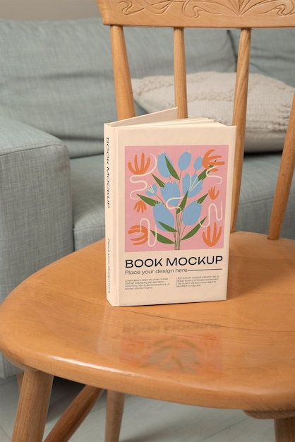 Top view on wooden furniture with book mockup