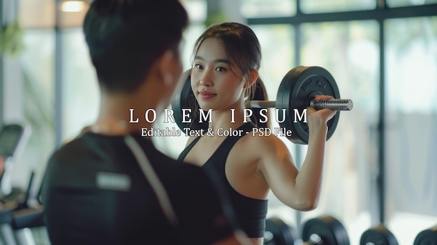 PSD trainer men are teaching woman lifting a dumbbell