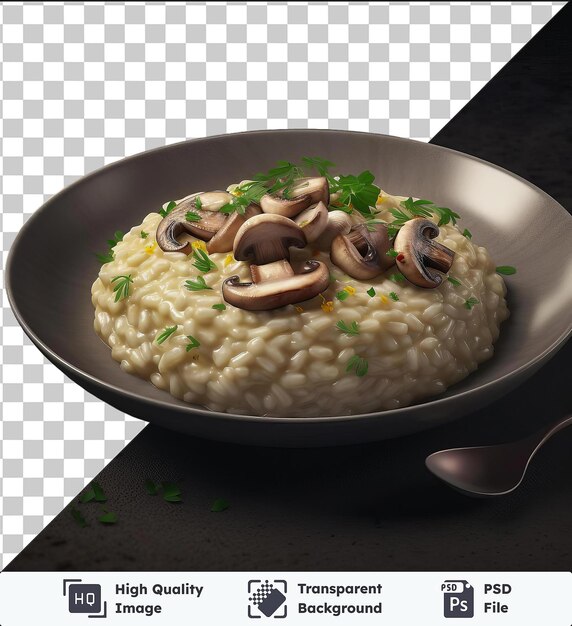 PSD transparent background with isolated creamy mushroom risotto in a bowl accompanied by a silver spoon and a clear glass on a black table