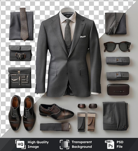 PSD transparent background with isolated luxury men39s formal wear set featuring a black and gray suit black tie white shirt and black and brown shoes