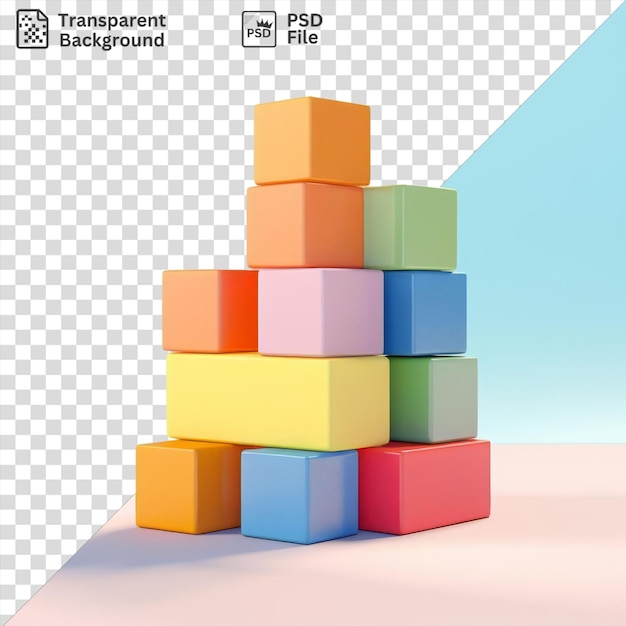 PSD transparent background with isolated multicolored blocks on a pink table against a blue sky isolated