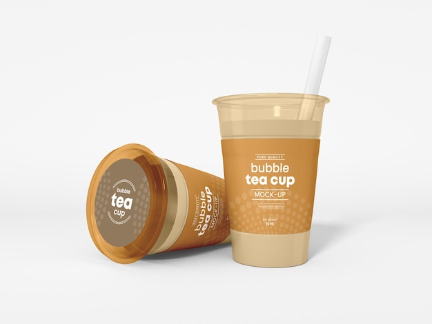 Transparent Plastic Bubble Tea Cup with Straw Mockup