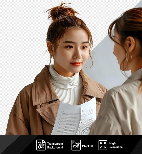 PSD transparent woman employee showing papers to her office manager in front of a white wall wearing a white shirt and brown hair with a small ear visible in the foreground png