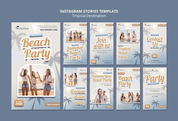 Tropical destination instagram stories collection with palm trees