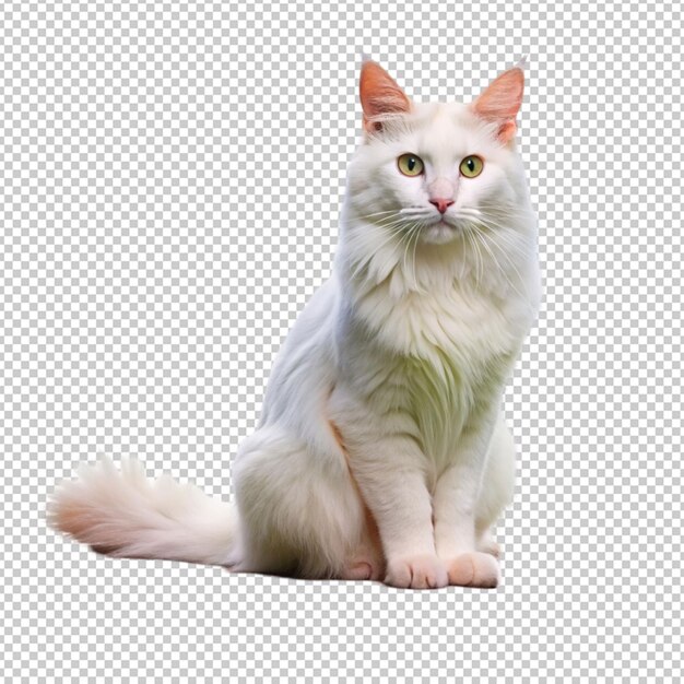 Turkish angora cat with white fur sitting on transparent background