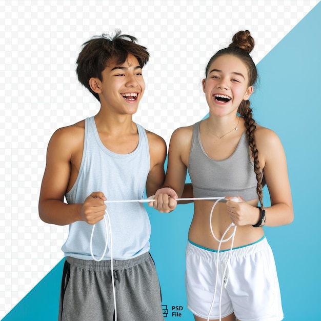 PSD two happy teenagers boy and girl with jumping rope talking and smiling while standing isolated over blue isolated background resting after workout