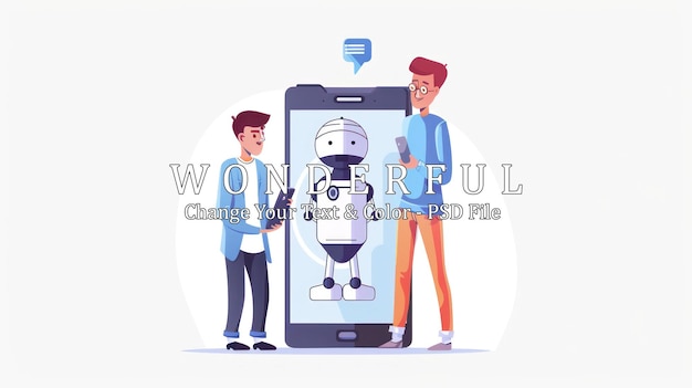 PSD two men interacting with a robot on a smartphone