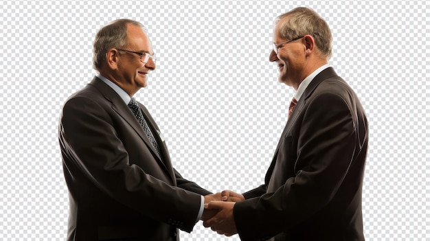 PSD two men in suits shaking hands isolated on white background for business partnership concepts