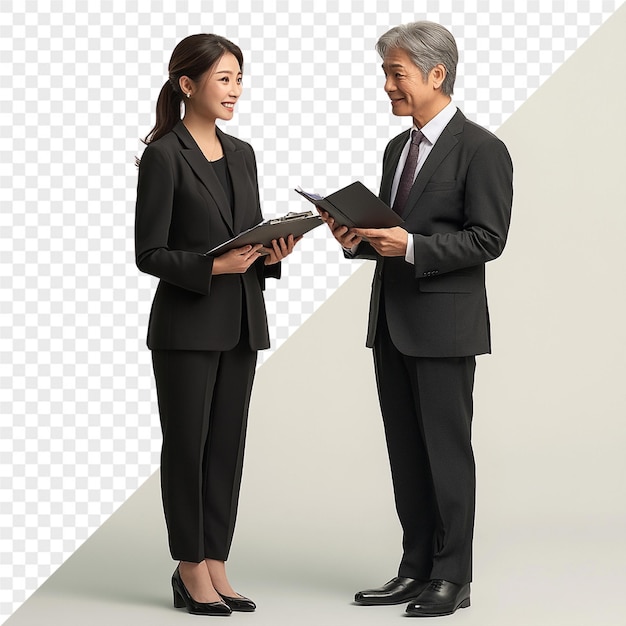 PSD two people are standing in front of a white background with a man in a suit and tie