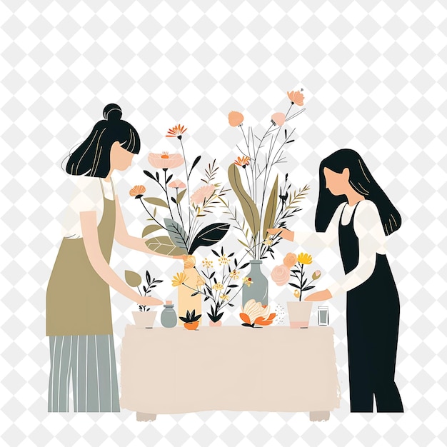 PSD two women are looking at a table with flowers and a woman in a dress