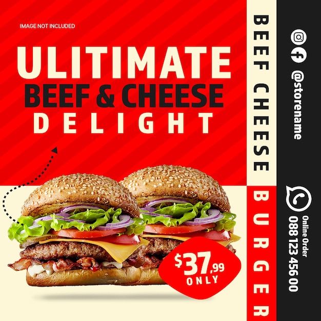 PSD ultimate beef and cheese burger delight promotional design for social media and instagram post