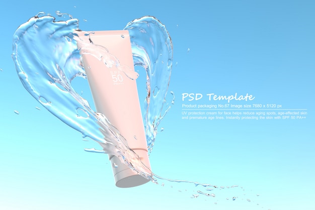 PSD uv sunscreen product with water splash on blue background 3d render