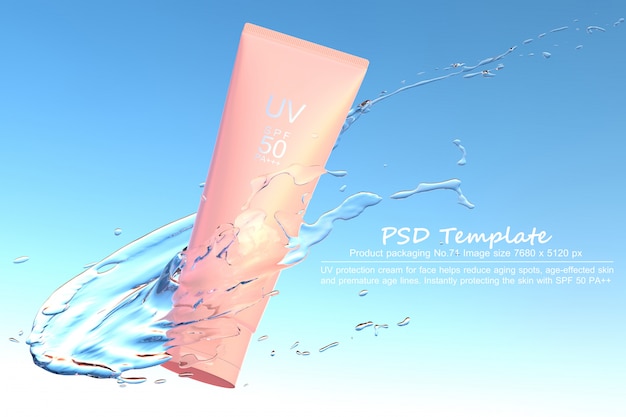 PSD uv sunscreen product with water splash on blue background 3d render