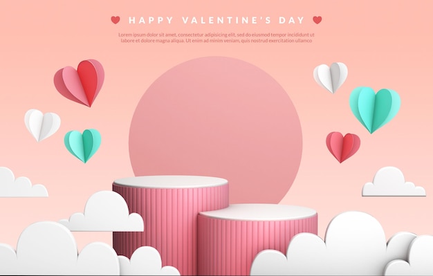 Valentine's day podiums surrounded by clouds and hearts in 3D rendering