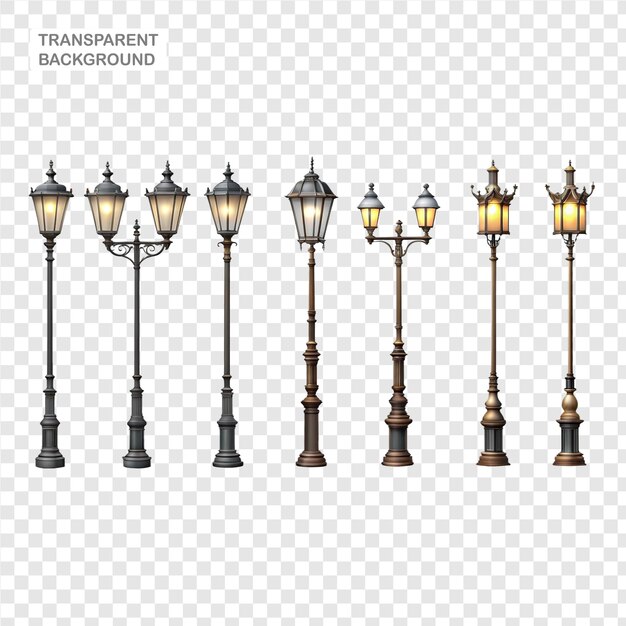 PSD various street lampposts in the traditional european style isolated on a clear backdrop