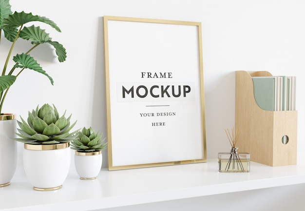 Vertical frame laying on shelf Mockup