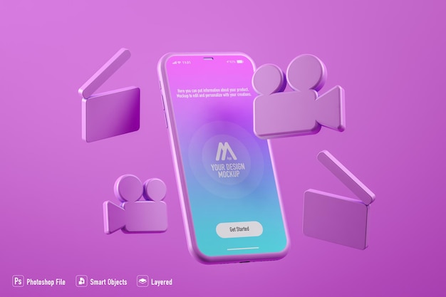 Video mobile application mockup isolated on fuchsia background