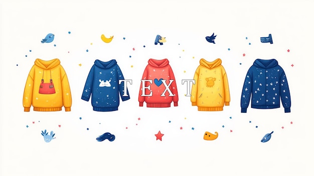 PSD vijf cartoon hoodies met verschillende patronen en kleuren perfect voor een kinderkleding website of blogpost