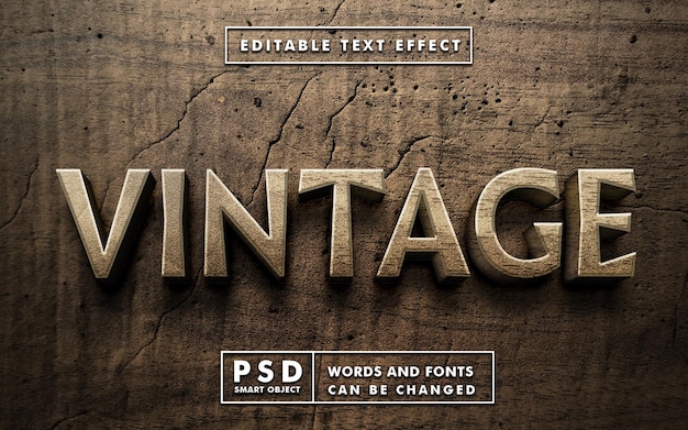 PSD vintage 3d realistic text effect with wood texture premium psd