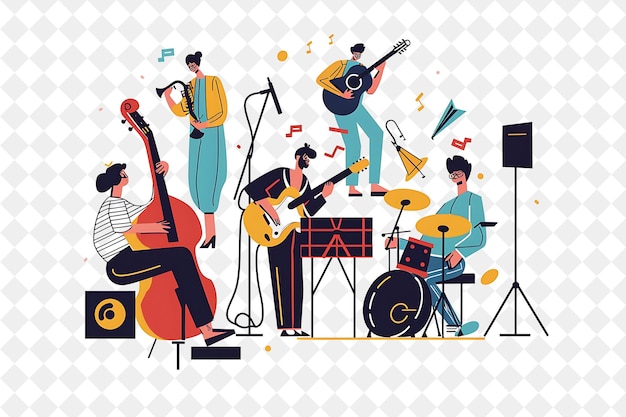 PSD vintage musician with characters playing instruments and com png people in daily work illustration