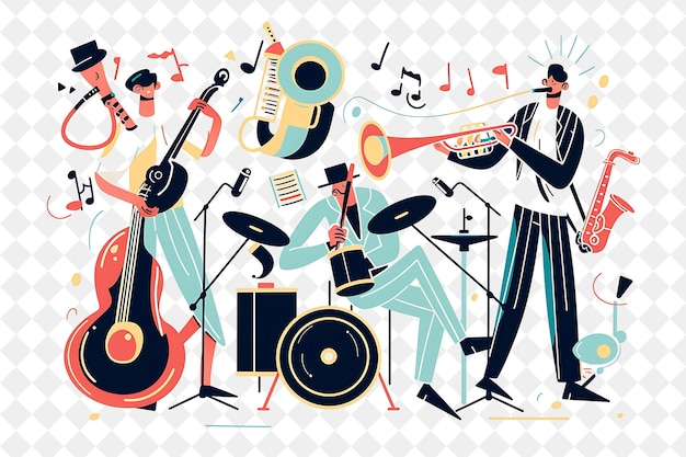 PSD vintage musician with characters playing instruments and com png people in daily work illustration