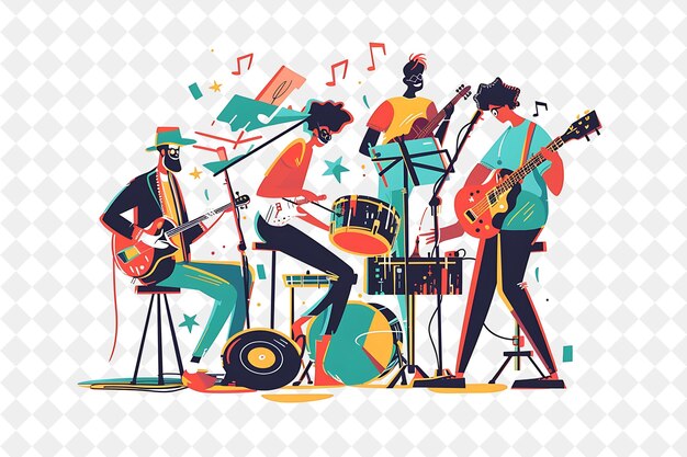 PSD vintage musician with characters playing instruments and com png people in daily work illustration